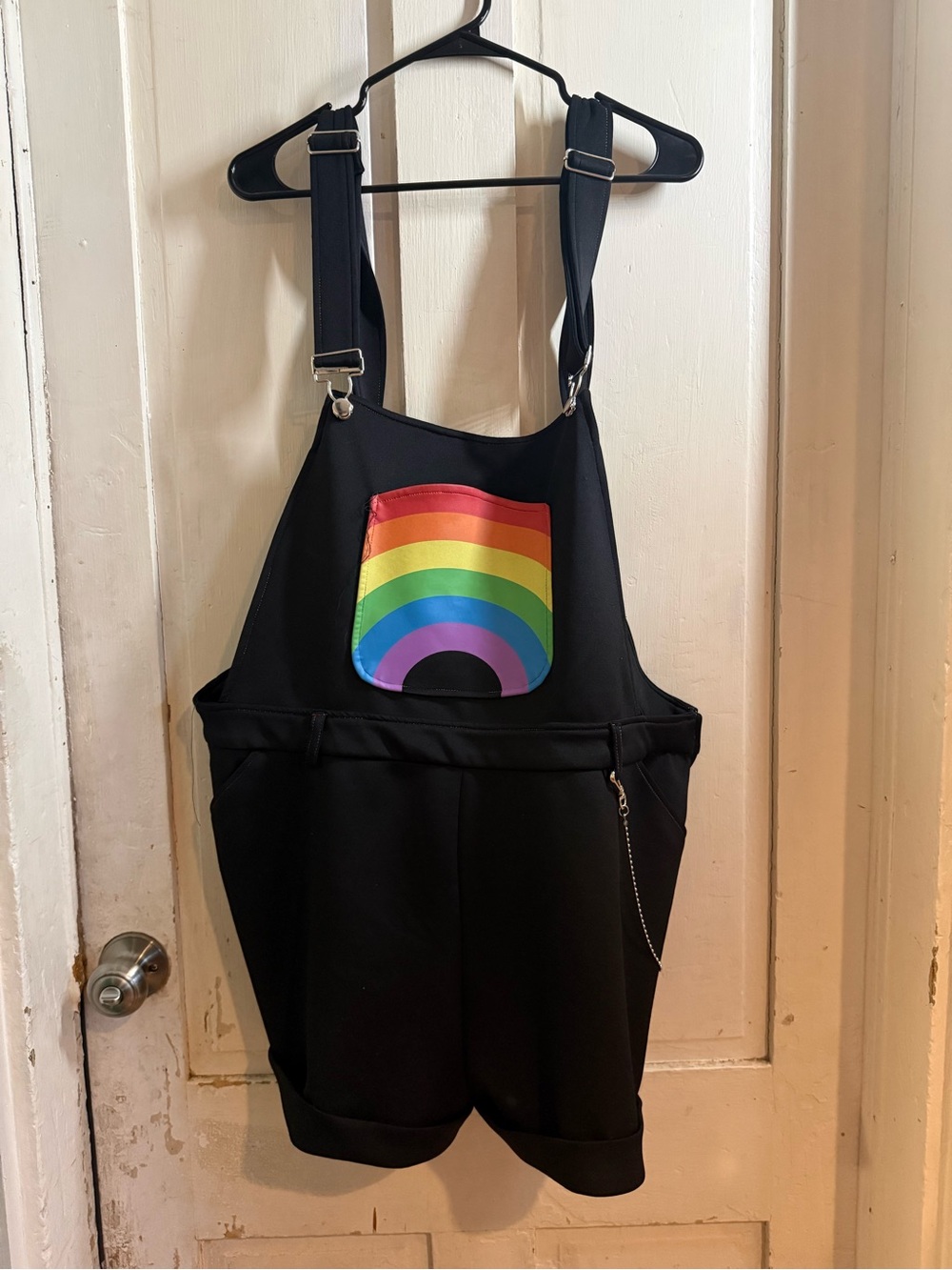 Hot Topic Black Short Overalls with Rainbow Pocket